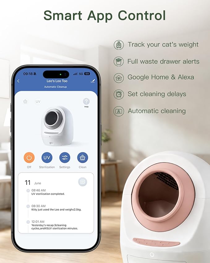 Casa Leo Automatic Self-Cleaning Cat Litter Box | with Leo’s Loo Too Wi-Fi App & Voice Control, App Weight Tracking, UV Odor Control, Safety Sensors, 30dB Quiet