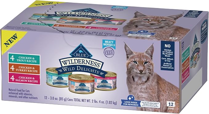 Blue Buffalo Wilderness Wild Delights Meaty Morsels Variety Pack Cat Food | High Protein, Chicken & Turkey, Chicken & Trout, Chicken & Salmon (4 of Each), Grain-Free Recipes, 3-oz. Cans (Pack of 12)