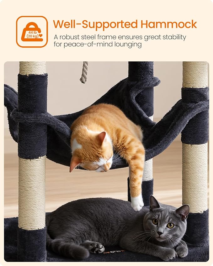 Feandrea Cat Tree, 55.8-Inch Cat Tower, Multi-Level Plush Condo with 11 Scratching Posts, 2 Perches, Hammock, Cave, Smoky Gray UPCT15GYZ
