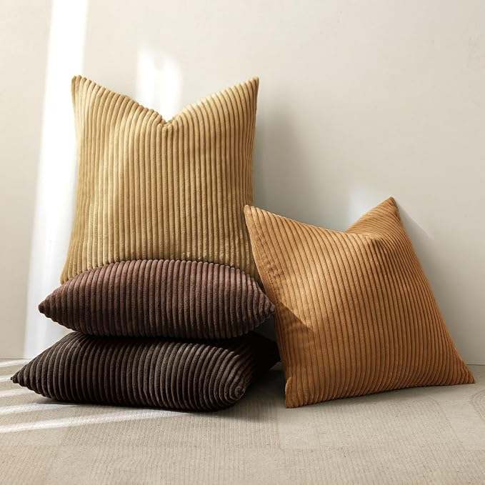 MIULEE Fall Corduroy Decorative Throw Pillow Covers Camel Brown 18x18 | Set of 4, Mordern Rustic Fall Decor, Wood-Tone Deep Browns, Boho Farmhouse Cushion Covers for Couch Bed Sofa Living Room
