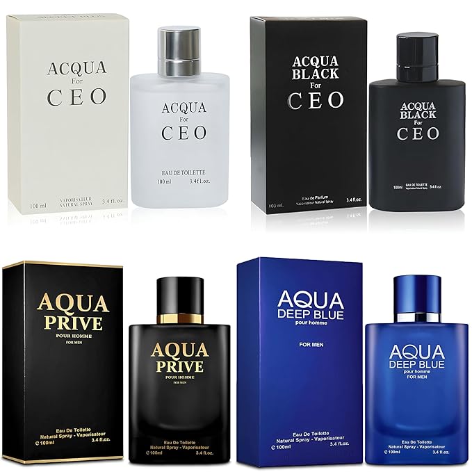 A CENTER Men's Cologne Gift Set 4 Pack(Aqua Deep Blue,Priv,CEO,Black CEO) - 3.4 Fl Oz Each | Vanilla Bourbon, Leather & Amber Floral Fragrance | Luxury Eau de Toilette Quartet