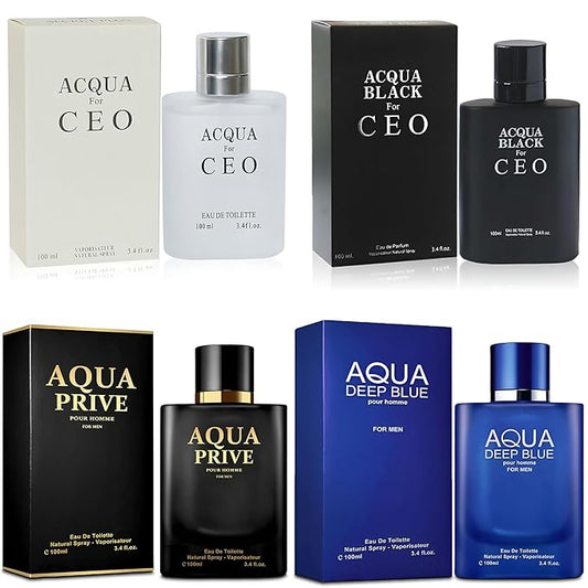 A CENTER Men's Cologne Gift Set 4 Pack(Aqua Deep Blue,Priv,CEO,Black CEO) - 3.4 Fl Oz Each | Vanilla Bourbon, Leather & Amber Floral Fragrance | Luxury Eau de Toilette Quartet
