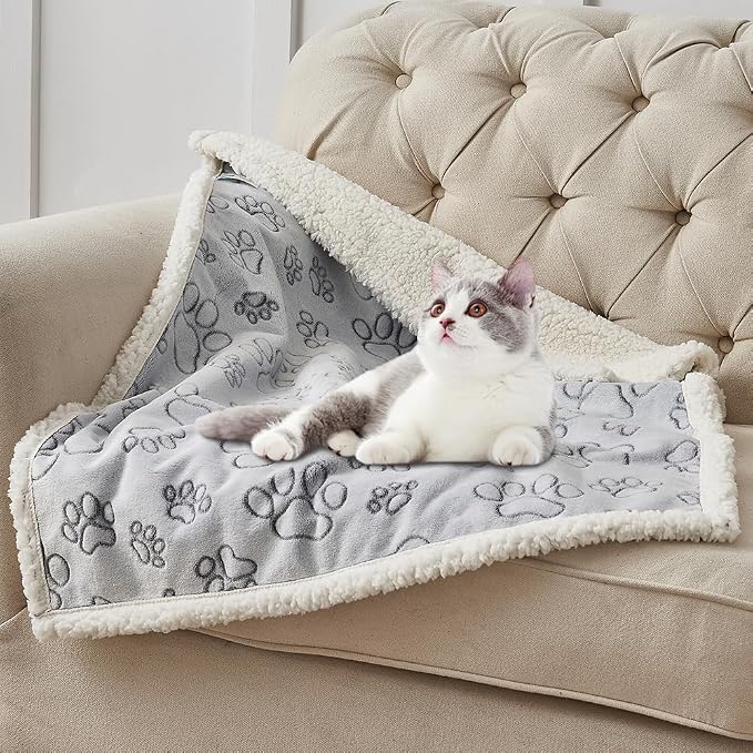 Dog Blankets for Large Dogs - Waterproof Pet Blanket Washable - Sherpa Fleece Puppy Blanket, Soft Plush Reversible Dog Blanket for Bed Couch Car Sofa, 50"X60", Grey Paw Print