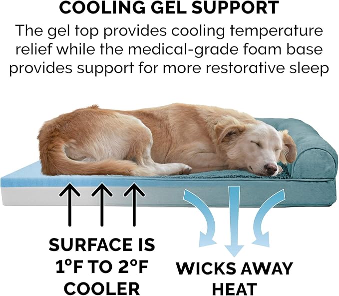 Furhaven Cooling Gel Dog Bed for Medium/Small Dogs w/ Removable Bolsters & Washable Cover, For Dogs Up to 35 lbs - Plush & Suede Sofa - Deep Pool, Medium