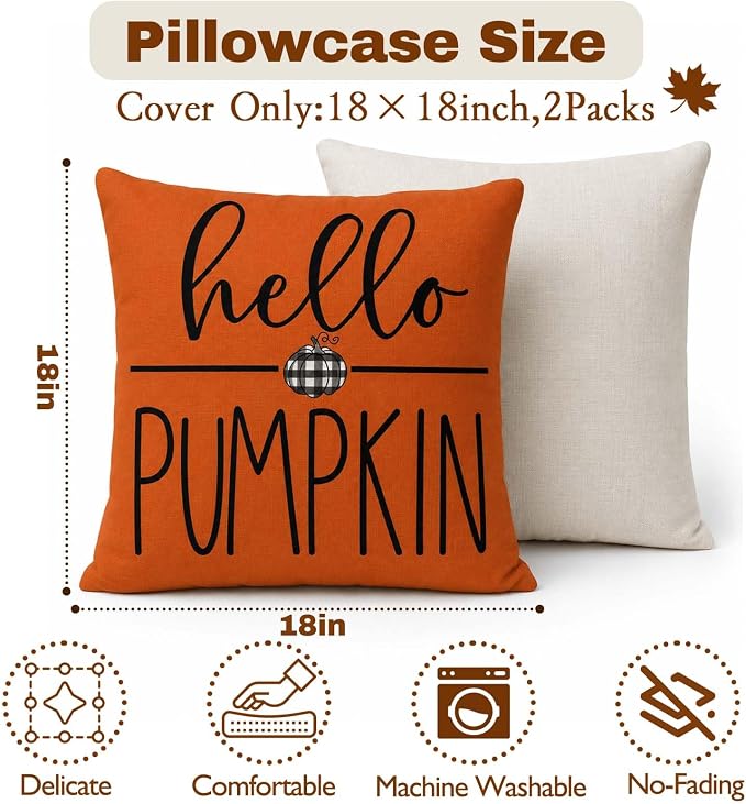 Fall Throw Pillow Covers for Home Strip Pumpkin Pillowcase 18x18 Set of 4 | Hello Pumpkin, Fall Harvest, Vintage Orange Truck, Sofa Covered Patio Farmhouse Thanksgiving Decor Cushion Case