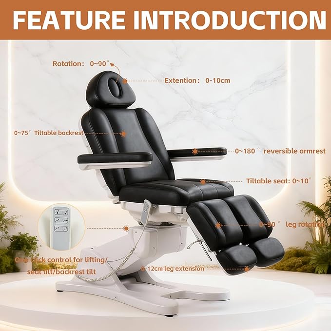 TATARTIST Electric Facial Bed for Esthetician Adjustable Electric Spa Chair Portable Massage Table Dental Podiatry Tattoo Salon Spa Treatment Table All Purpose Aesthetic Chair with 3 Motors (Black)