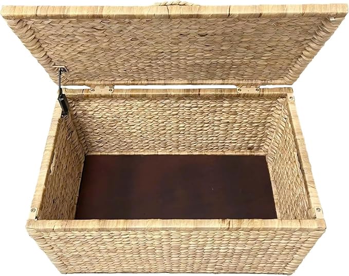Water Hyacinth Wicker Storage Trunk, Natural, 30x17.5x17.5 Inches | Safety Hinge, Metal Frame, Decorative Blanket Chest & Storage Box, Farmhouse Woven Storage, For Living Room & Entryway
