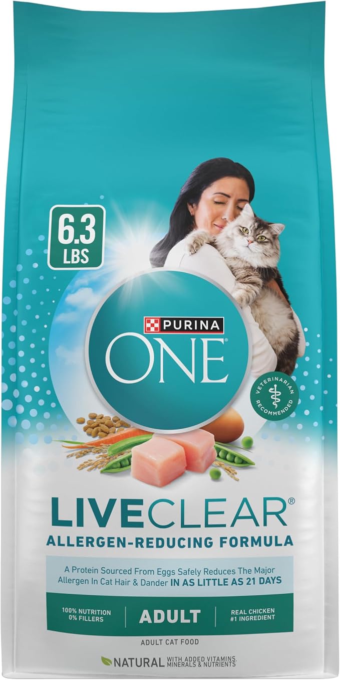 Purina ONE LiveClear Allergen-Reducing Cat Food Dry Formula with Real Chicken As The Number One Ingredient - 6.3 lb. Bag | Real chicken is the #1 ingredient, reduces allergens in cat hair and dander by 47%, includes DHA for cat vision support