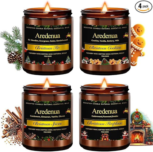 Christmas Candles Set | 4 Pack Holiday Scented Candle - 28oz Soy Candles for Home Scented - Seasonal Candle Gifts for Women and Men - Xmas Scents of Fir/Spices/Cookies/Fireplace