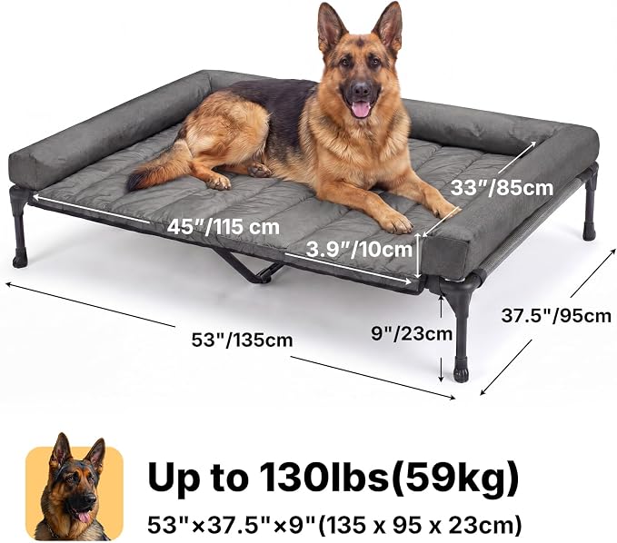 Veehoo Outdoor Elevated Dog Bed with Waterproof Bolster Cushion, Cooling | Raised Dog Bed with Removable & Washable Mat Topper, Breathable Mesh, Dog Couch Cot for Indoor Outdoor, 53", Large, Melange