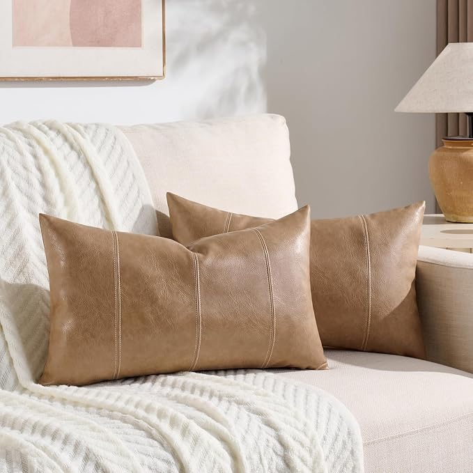 Fancy Homi Light Brown Boho Long Lumbar Faux Leather Decorative Throw Pillow Covers 12x24 Inch for Living Room Couch Bed Sofa, Hand Stitched Rectangle Cushion Case, Rustic Modern Farmhouse Home Decor