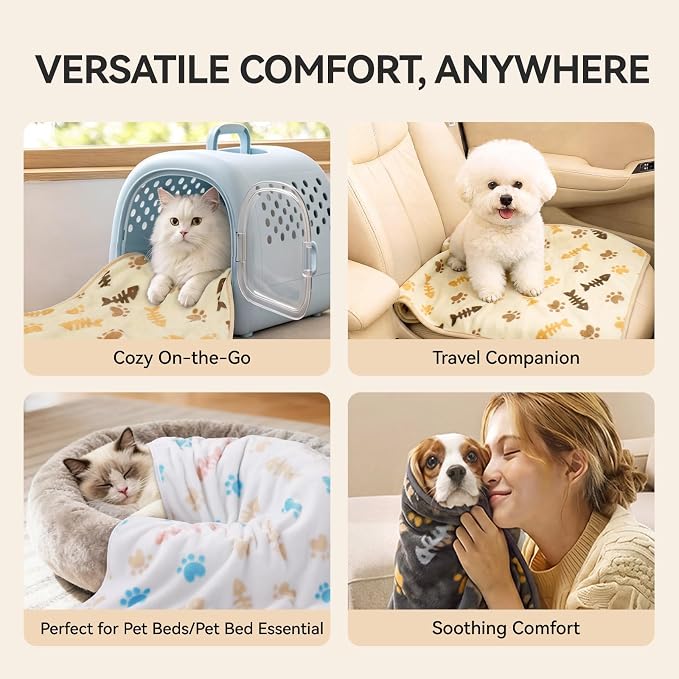 LINENLUX Dog Blankets 3-Pack, Super Soft Fluffy Fleece Pet Throw Warm | Premium flannel fleece pet throw for cat, puppy. Cozy warm for bed, crate, or couch naps; Grey/Khaki/White-3pcs 23x16 inch