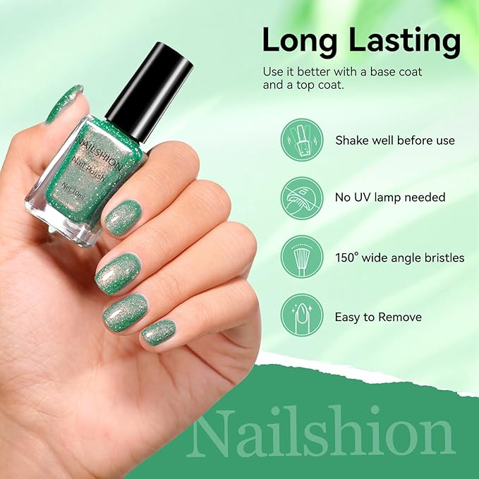 Green Nail Polish, Fast Air Drying Sparkly Shimmer Dreamy Green Glitter Nail Polish, 15 Toxic-free, High Shine Finish, Rich in Castor Oil, DIY at Home Nails Art Salon Travel Manicure Gift