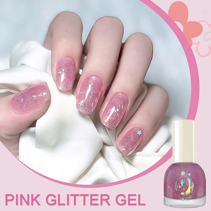 NovaCharm Soft Pink Glitter Nail Color, Water Based Quick Dry Non Toxic Polish with Bar & Star Glitter, Reflective Sparkly Pink Nail Color for Women & Girls DIY Home Nail Art, 9 ML