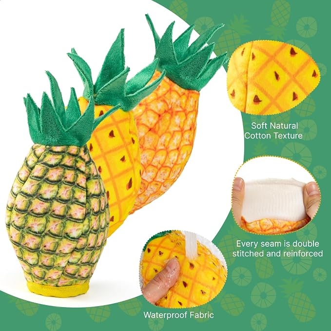No Stuffing 3pc Squeaky Dog Toys 2 in 1 Interactive Plush Dog Toy Pineapple Shaped Rip&Reveal Toy for Boredom- Perfect for Chew&Fetch Play