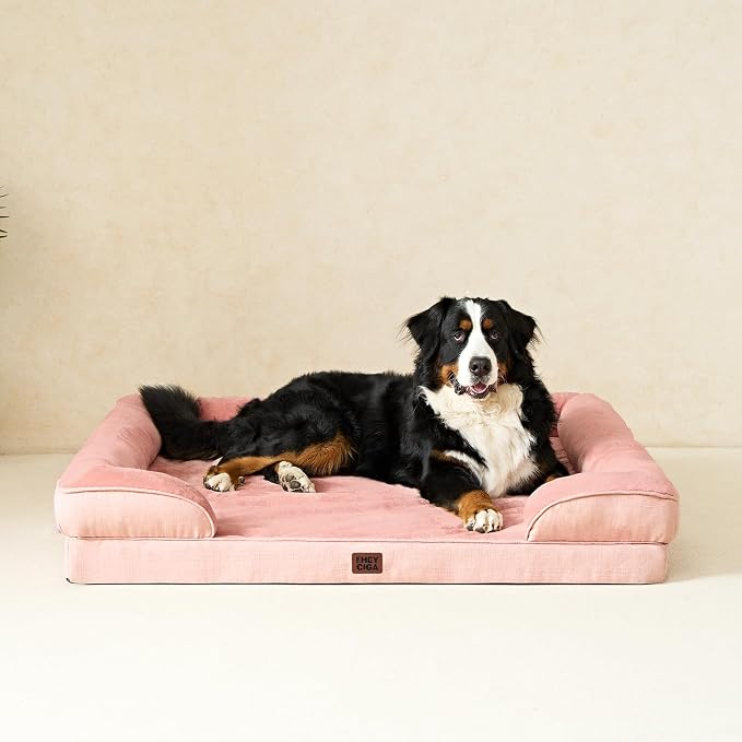 EHEYCIGA Orthopedic XXL Dog Bed, Waterproof Washable XL Big Pet Bed 48" | Non-Slip Bottom and Egg-Crate Memory Foam Extra Large Pet Couch Bed with Washable Removable Cover, Dusty Pink