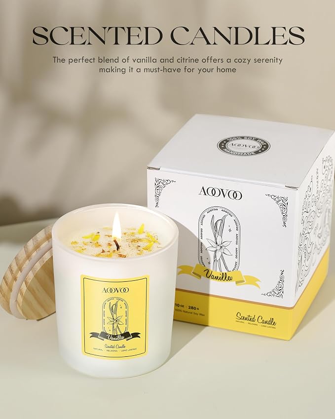 AOOVOO Vanilla Scented Candles for Women - Aromatherapy Candle with Crystals Inside, 10oz Soy Candles for Home Scented, Birthday Gifts Valentines Day Candle for Women Mom