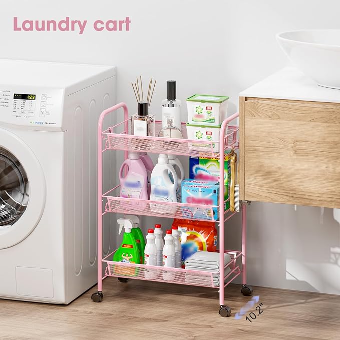 TOOLF 3 Tier Rolling Cart, Metal Utility Storage Cart with Wheels, Pink | 3 Hooks, Screwless Assembly, Trolley Organizer for Bathroom, Kitchen, Office, Nursery, Dorm, Laundry Room