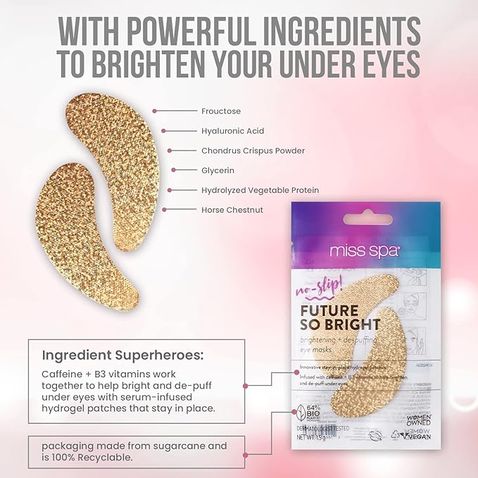 MISS SPA Under Eye Patches Brightening De-Puffing Eye Masks with Caffeine B3 Vitamins, Hydrating Eye Masks for Wrinkles Fine Lines Gold Under Eye Patches Skin Care, Dermatologist Tested (4 pairs)