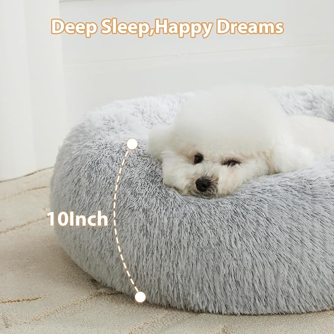 WNPETHOME Large Round Calming Dog Bed Cat Bed for Comfy Sleep | Large Cute Washable Puppy & Cat Bed with Fuzzy Plush, Fur Anti Anxiety Pet Bed Donut Cuddler (45x45x10 In, Light Grey)