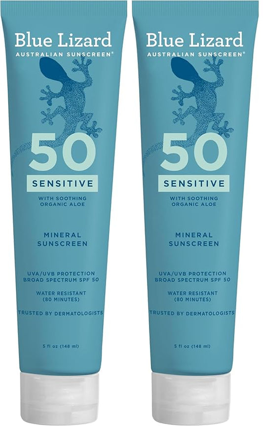BLUE LIZARD Mineral Sunscreen, SPF 50+, Tube, Zinc Oxide | Water Resistant | Fragrance Free | For Sensitive Skin | 5 Fl Oz Pack of 2