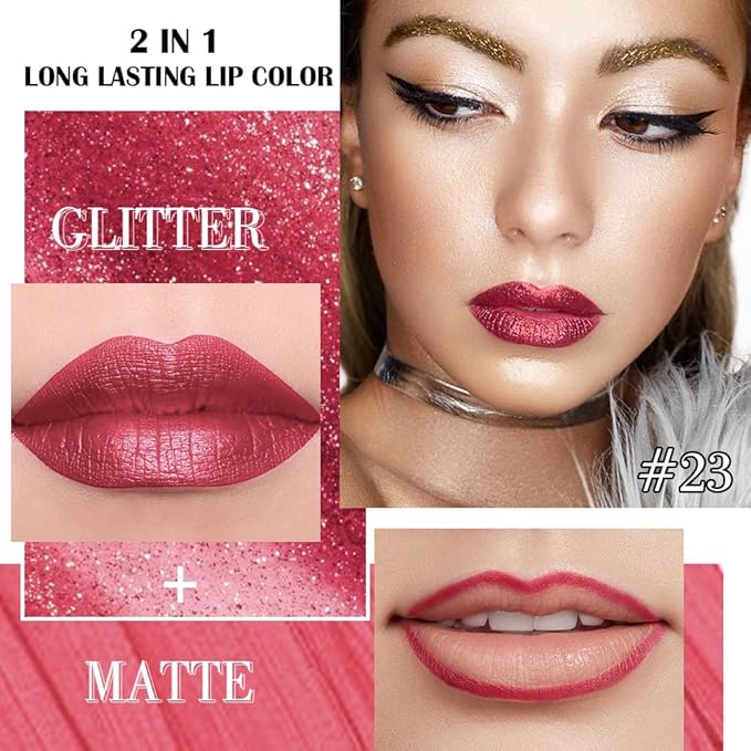 evpct Burgundy Metallic Shimmer Lip Liner and Lipstick Combo Lip Gloss Stain Set Makeup for Women Long Lasting Waterproof 24, Burgundy Metallic Shimmer Frosted Iridescent Glossy Liquid Lipstick 23