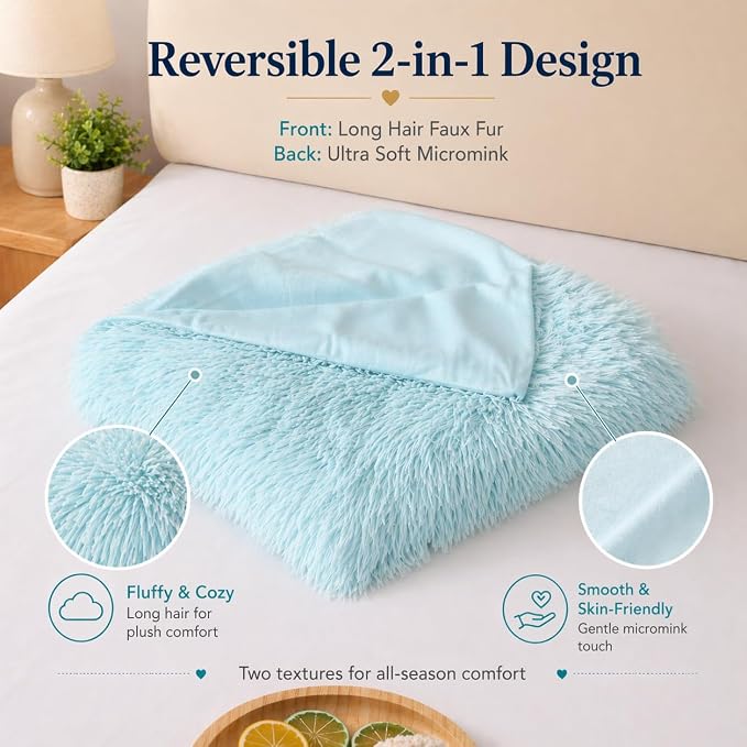REAFORT Long Hair Faux Fur Body Pillow Cover 21"x54", Hidden Zipper (Aqua) | Ultra-soft long hair faux fur with a hidden zipper offers luxurious comfort and is machine washable for easy care.
