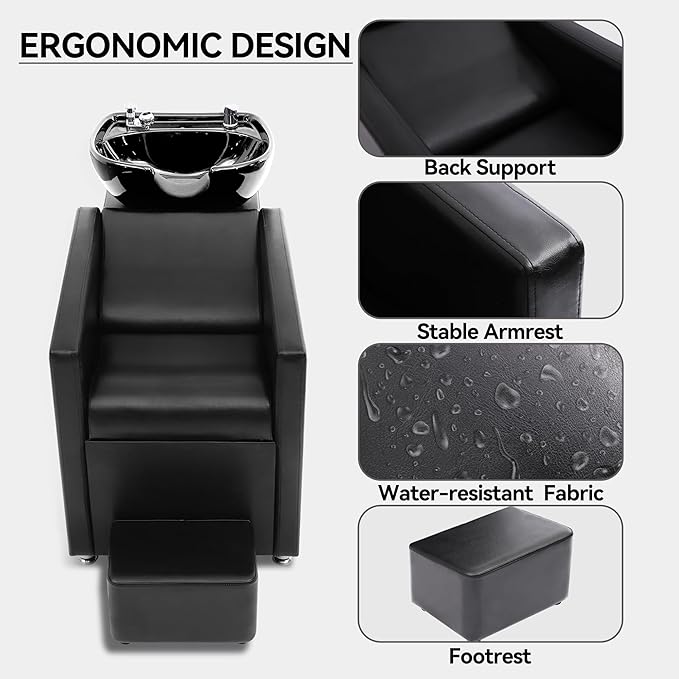 Backwash Shampoo Station Chair, Shampoo Bowl and Chair Set for Salon, Hair Washing Station for Hair Stylist, Backwash Chair with Ceramic Bowl, Sink Chair Station for Barbershop