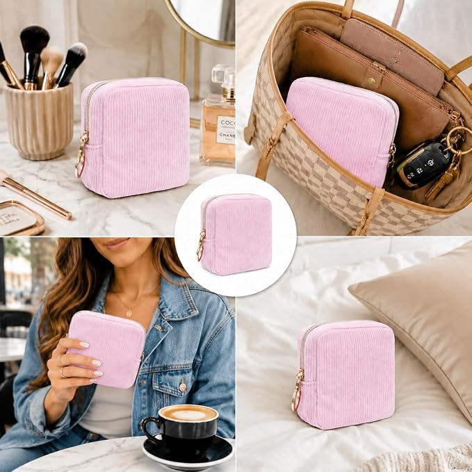 Period Bag for Girls, Corduroy Period Kit with Sanitary Pad Pouch, Menstrual Storage Bag and Tampon Holder for Purse, Girls School Essentials,Feminine Care Organizer(Pink)