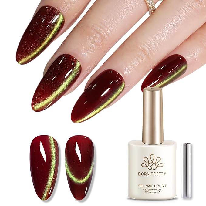 Born Pretty 15ML Cat Magnetic Eye Gel Nail Polish,Watermelon Red Green Colors Glitter Holographic Magnetic Gel Polish,Glitter Magnetic Nail Polish for Manicure Salon DIY
