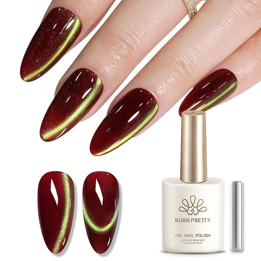 Born Pretty 15ML Cat Magnetic Eye Gel Nail Polish,Watermelon Red Green Colors Glitter Holographic Magnetic Gel Polish,Glitter Magnetic Nail Polish for Manicure Salon DIY