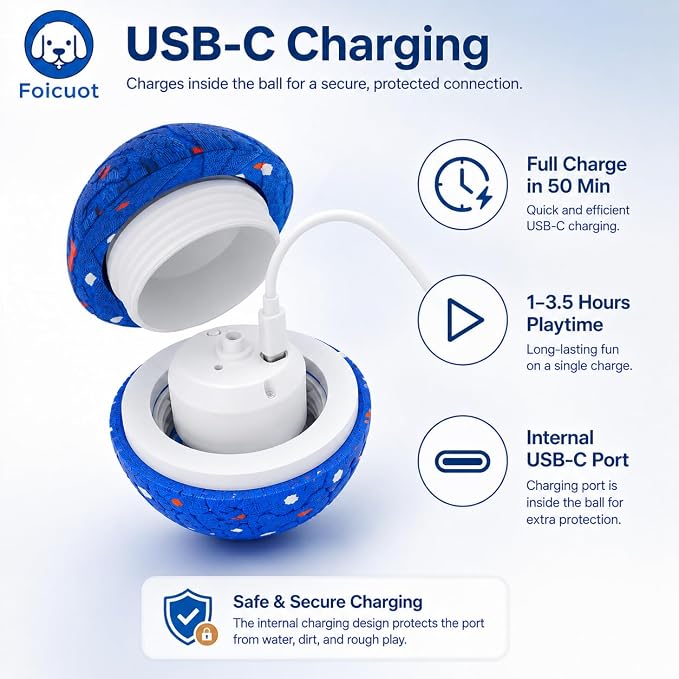 Interactive Dog Ball Toy, 3 Modes, LED, Sound & Vibration, USB-C