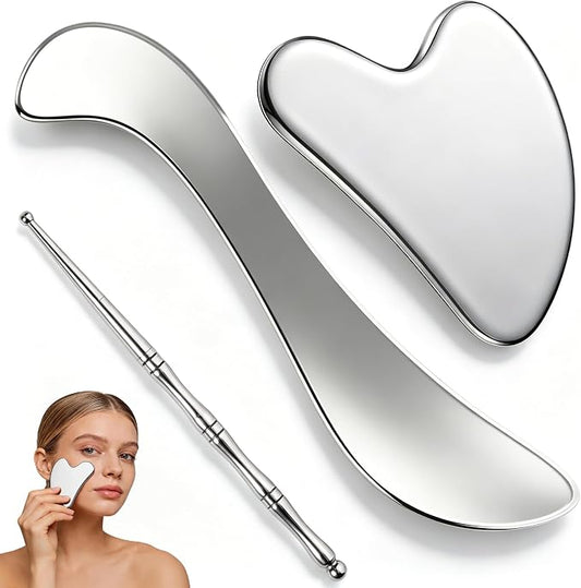 Stainless Steel Muscle Scraper Tool Set, 3-in-1 Gua Sha and Trigger Point Massager with 3mm Smooth Edges to Break Down Scar Tissue and Reduce Face Puffiness for Physical Therapy, Metal Gua Sha Tool
