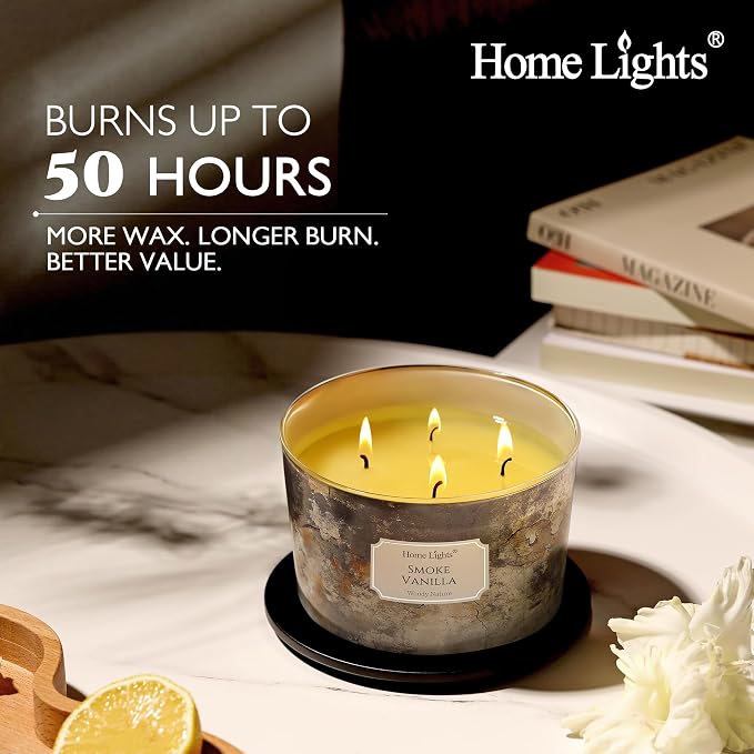 HomeLights Large jar Candle | 4-Wick Long-Lasting Scented Candles, 18oz Natural Soy Wax Candle for Home Scented, Industrial Chic Gifts for Women & Men, Smoke Vanilla