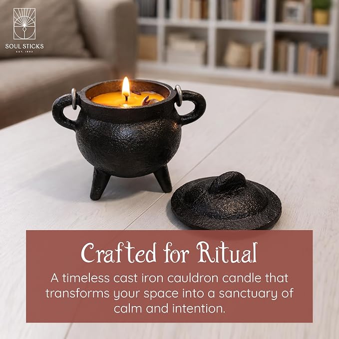 Reusable 4 Inch Cast Iron Cauldron Candle with Lid and Hanging Handle for Spell Casting, Smudging, Ritual & Blessings Pot Belly Witchcraft Candle Aromatherapy Scented (Palo Santo)