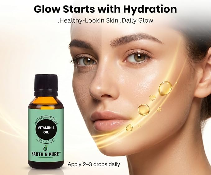 Earth N Pure Vitamin E Oil for Skin & Hair 50ml | 100% Pure & Natural Tocopherol Oil | Face Moisturizer, Deep Skin Hydration, Dark Spots, Scars, Nails, Scalp & DIY Skincare b| 100ml