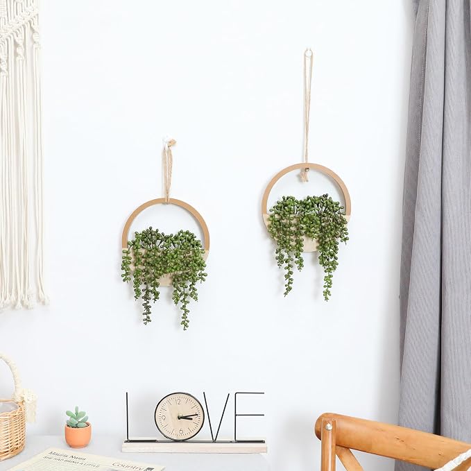 2pcs Artificial Succulents Hanging Plants 20.1'' Fake String of Pearls in Pot with 9.4'' Lanyard for Indoor Outdoor Wall Decor（Wood Color）