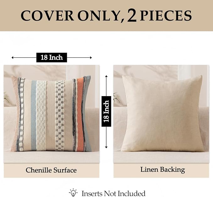 ANRODUO Boho Decorative Pillow Covers 20x20 Orange-Blue Stripe Pack of 2 | Throw Pillow Covers, Farmhouse Cushion Case, Chenille Pillow Cases, Pillow Covers, Accent Neutral Pillowcase for Sofa Couch