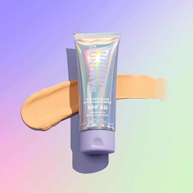 Naked Sundays SPF50 Golden Glow Body Sunscreen – Broad Spectrum UVA/UVB Protection, Glowy & Shimmering, Fragrance-Free, Firming, Non-Transfer SPF Lotion – 100ml