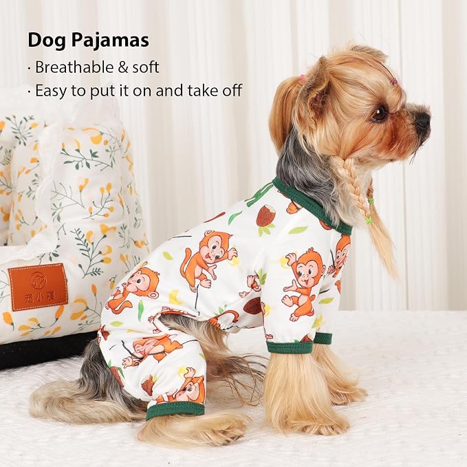 DaFuEn Dog Pajamas for Small Dogs, Soft Stretchy 4 Legs Puppy Jumpsuit, All Season Cozy Pet PJs for Chihuahua Yorkie Teacup Dogs, Cat Clothes (Brown Monkey, S)