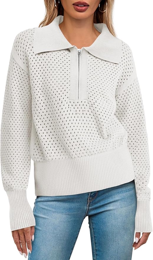 Doshoop Womens Summer Crochet Sweaters Long Sleeve Hollow Out Knit Half Zip Lapel Collar Pullover Tops