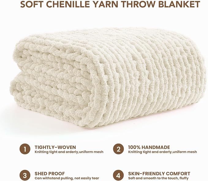 L'AGRATY Chunky Knit Throw Blanket for Couch, 50'' x 70'' Knit Throw, Ivory | Handmade Chenille Crochet Blanket for Sofa Bed, Thick Cable Knitted Blankets for Room Home Decor, Birthday Gift for Women Mom