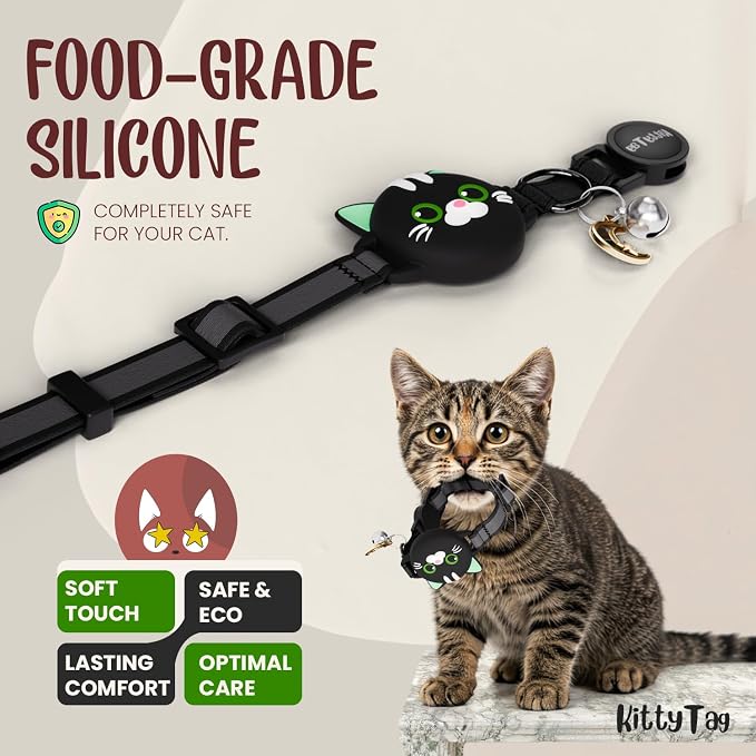 AirTag Cat Collar – Breakaway Reflective & Waterproof Collar with Built-in Holder, Adjustable with Bell for Indoor/Outdoor Cats – AirTag Not Included, Black (9-12")