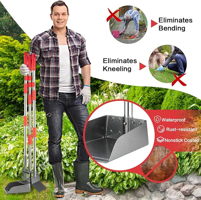 FUSBUNTY Long Handle Dog Pooper Scooper, Heavy Duty Stainless Steel Rake | Includes Tray & Spade for Pet Waste Removal. Rust-Proof Metal Scoop Set for Grass, Dirt, Gravel, Yard & Outdoor Clean Up.