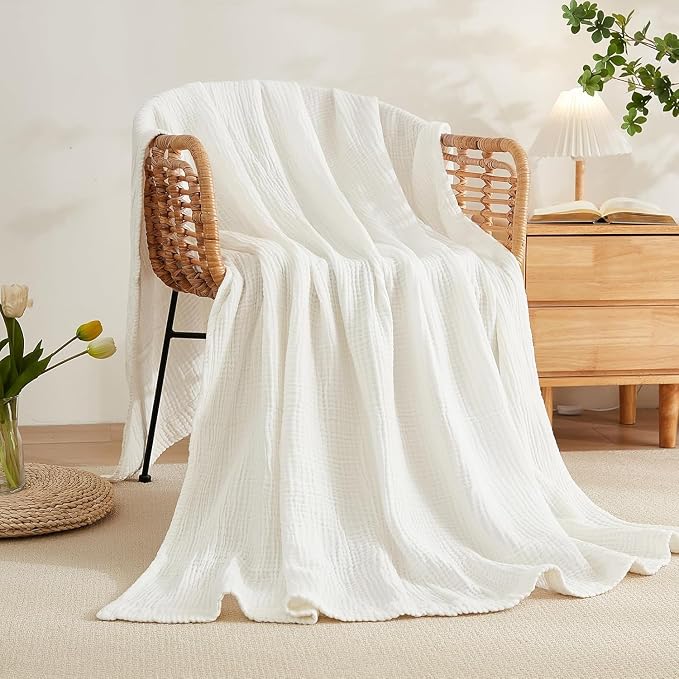 EMME Cotton Muslin Twin XL Blanket Breathable Gauze Soft Lightweight Adults Gifts for Women (White,66"x90")
