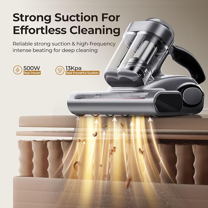 JIGOO J300 Bed Vacuum Cleaner, Dust Sensor, Pet Hair, UV and Heat, Corded | Deep-clean mattress vacuum cleaner, 500W motor, 13Kpa suction, UV-C light and 130°F heat for beds, sofas, Gray