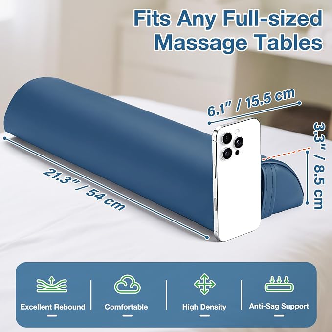 Semi-Round Massage Bolster, 21 x 6 x 3 in PU Leather Half Moon Lower Back Support Pillow Comfort Cushion for Massage Table, Positioning Bolster Neck Pad for Ankle Leg Pain Relief Side Sleeper - Blue