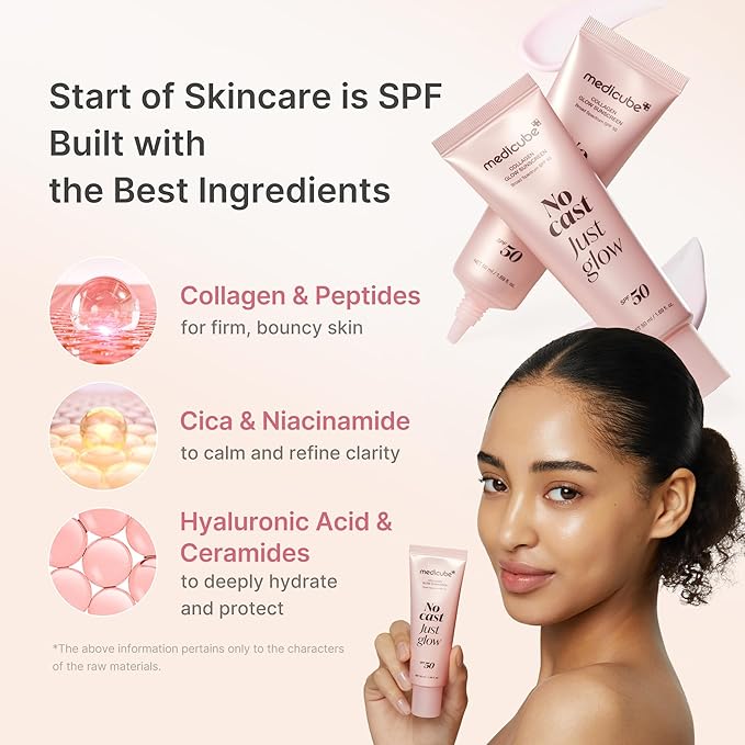 medicube No Cast Just Glow Collagen Sunscreen | SPF 50 Broad Spectrum Face Sunscreen | Lightweight, Non-Sticky, Hydrating Formula | Peptide, Cica for Soothing & Glow | Stocking Stuffers for Women