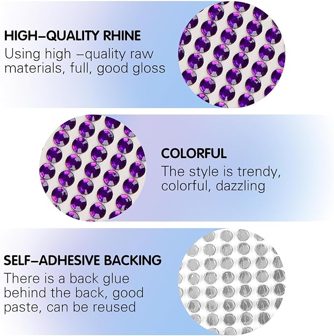 8 Sheets Rhinestone Stickers，3584 Pcs Gem Stickers for DIY Face Eyes Makeup Hair（Deep Purple-3/4/5/6mm）