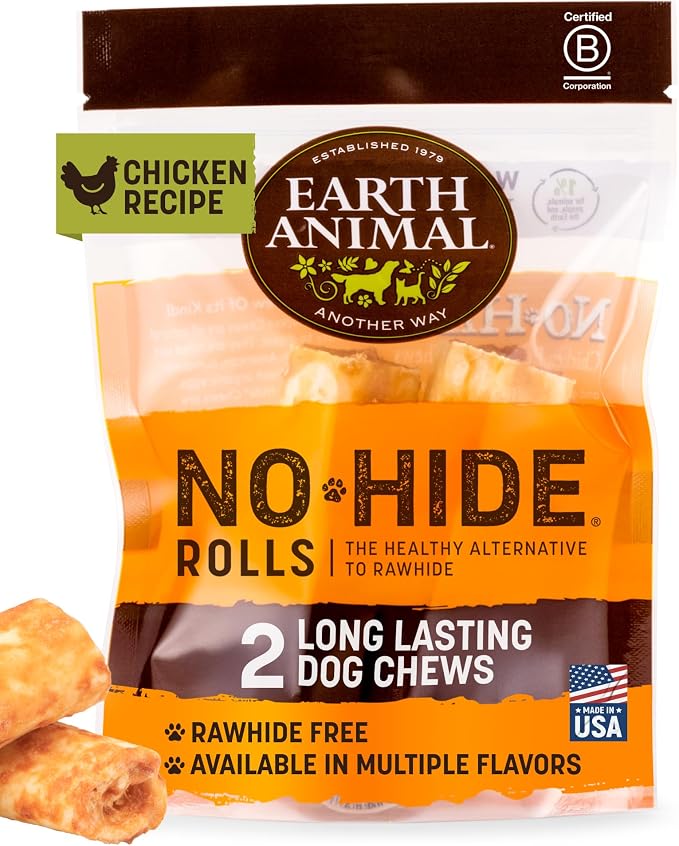 Earth Animal No Hide Dog Chews - Rawhide Free Small Rolls 2 Count Chicken | Small Rolls Chicken Flavored Natural Rawhide Free Long Lasting Dog Chews - Pet Treats for Small Dogs
